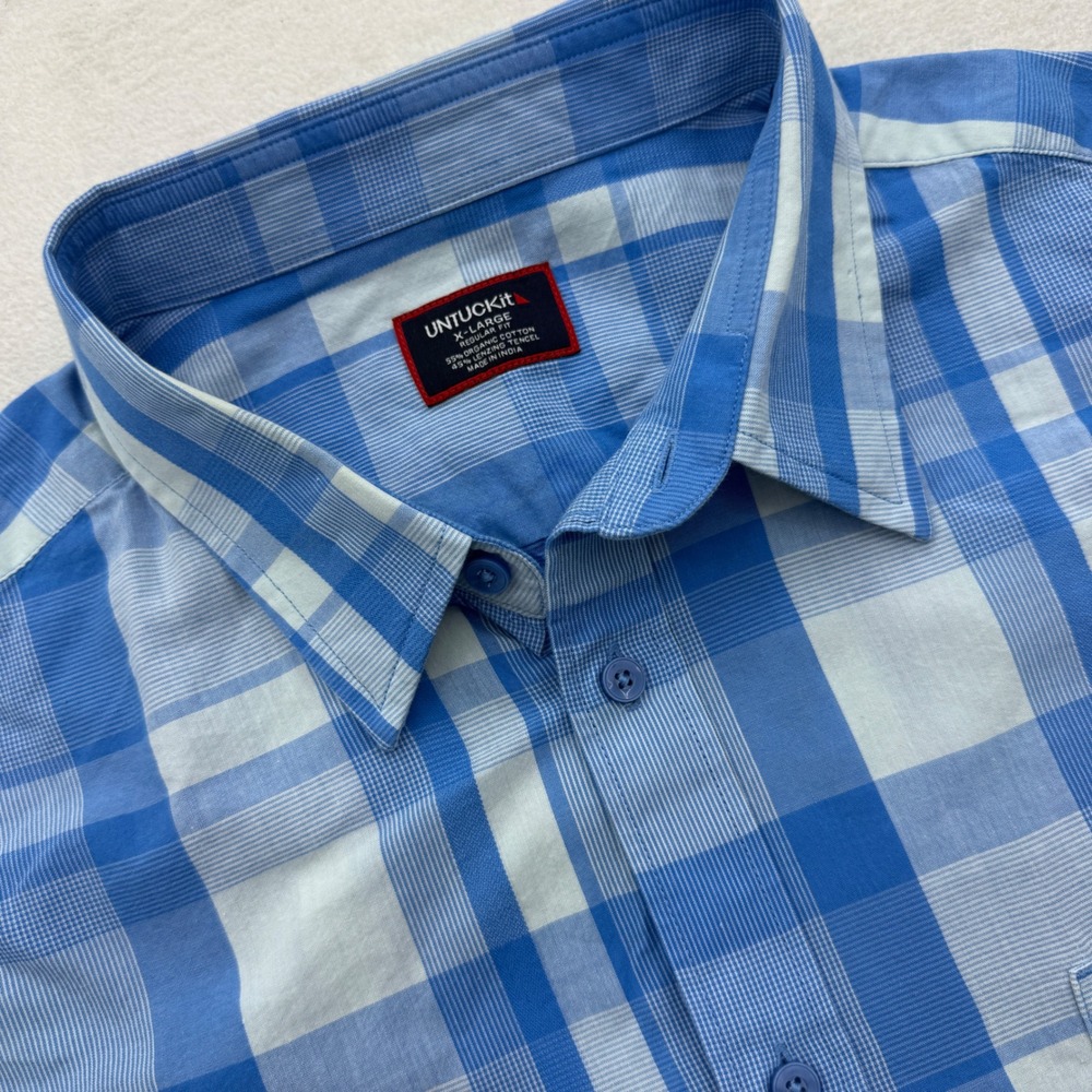 UNTUCKit Button Down Shirt Mens XL Blue Plaid Short Sleeve Regular Fit Cotton